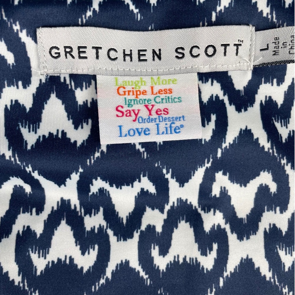 Gretchen Scott Navy Blue White Ikat Damask Tunic Shift Dress 3/4 Sleeve Womens L